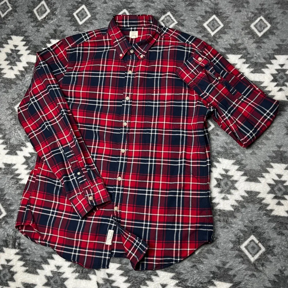 J.Crew Vintage Oxford Plaid Shirt Red Navy White Tailored Mens Large L